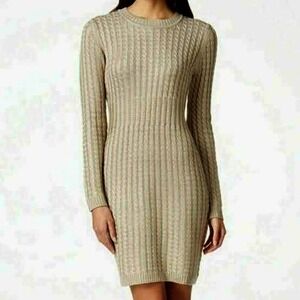 Calvin Klein Cable Knit Sweater Dress Khaki Tan Crew Neck Small Quiet Luxury